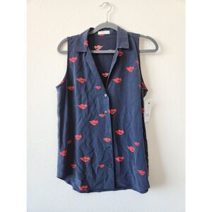 Equipment Sleeveless Adalyn V-Neck Button‎ Up Top Navy Kiss | Size S